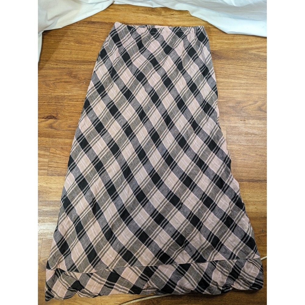 CP Shades Blue 100% Linen Maxi Skirt Elastic Waist Made in USA Womens M Plaid